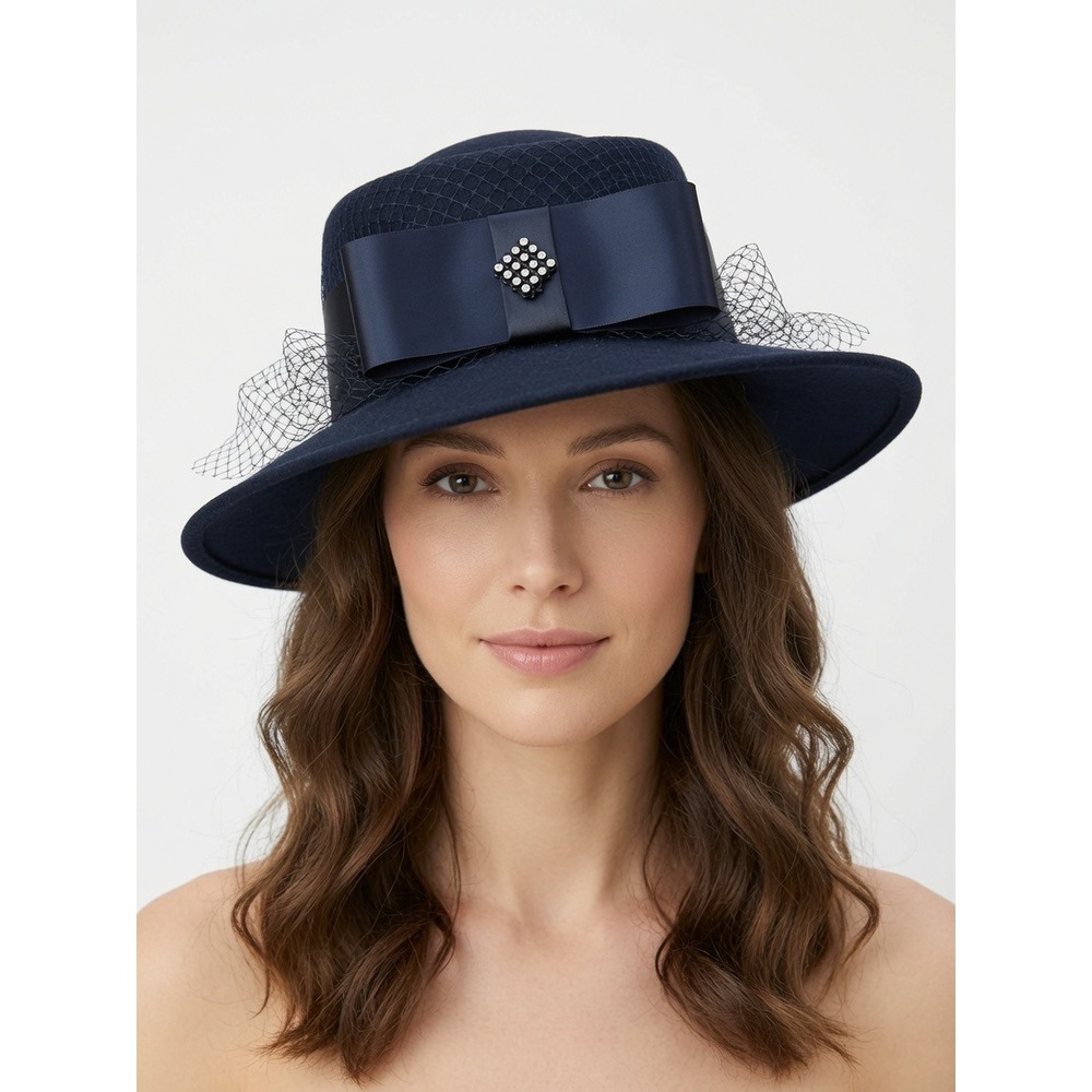 Navy Blue Wool Felt Church Hat with‎ Satin Bow Rhinestones and Veil Netting